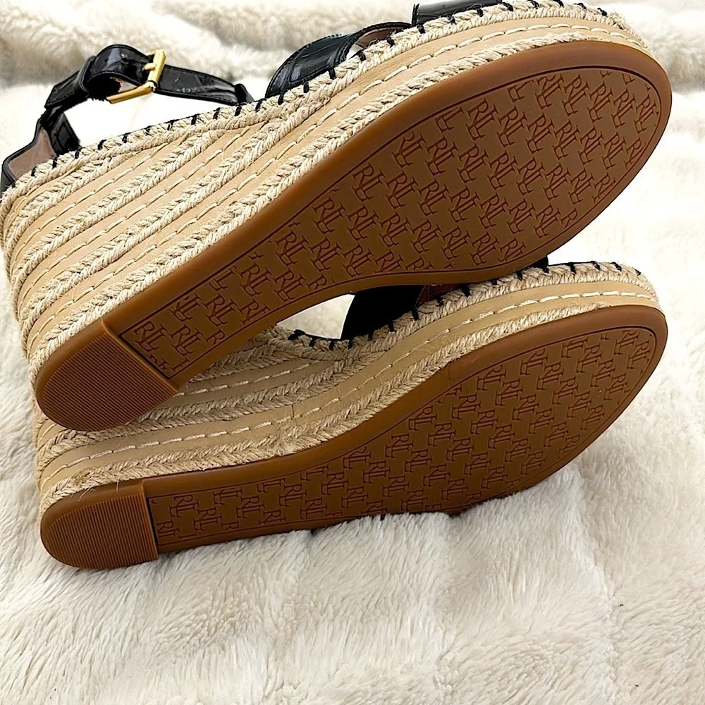 Lauren Ralph Lauren Hale II Black Leather Croc Espadrille Wedges Size 9.5